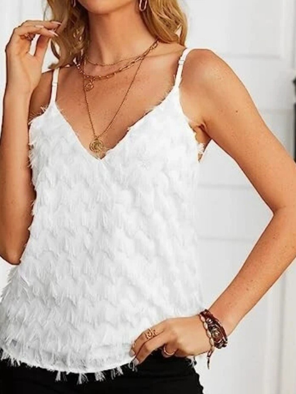 Fringe Boho Cupshe White V-Neck Cami NWT LG Layering Holiday Western